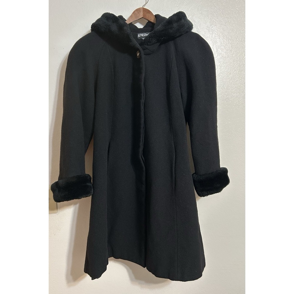 Vintage Karizma Wool Swing Coat Size 8 Black Faux Fur Trim